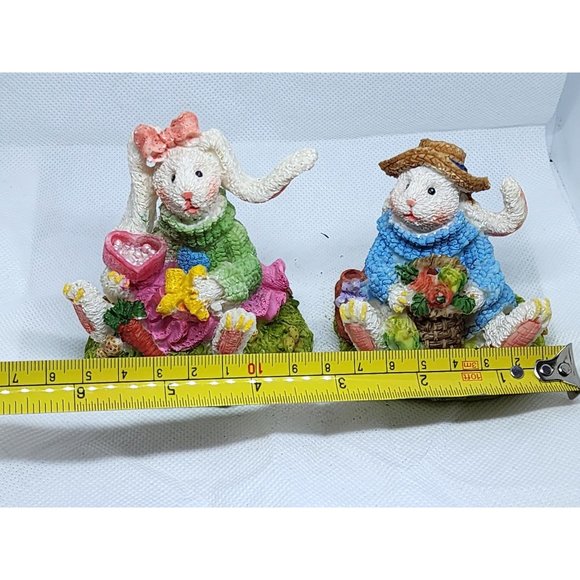 2 Easter Bunny Multicolored Porcelain Rabbit Home Decor Shelf Sitter - Picture 3 of 16